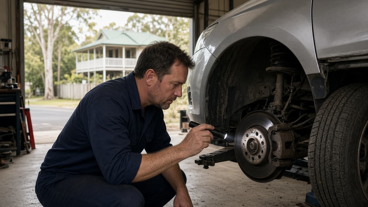 A mechanic checks the front brake disc of a raised used car with a torch in a suburban Brisbane workshop, with a Queenslander house and gum trees outside