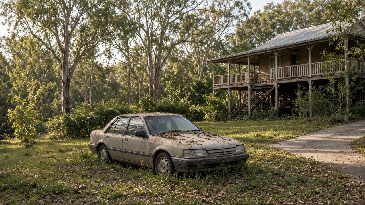 A dusty, faded older sedan with flat tyres and leaves on the bonnet, parked on a grassy suburban Brisbane verge beside a driveway, with a Queenslander house and gum trees behind it