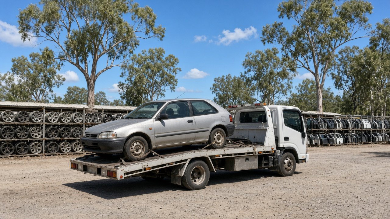An older faded silver hatchback strapped onto a tilt-tray tow truck in a tidy Brisbane auto-recycling yard, with racks of sorted wheels and car parts, gum trees and a bright blue Q