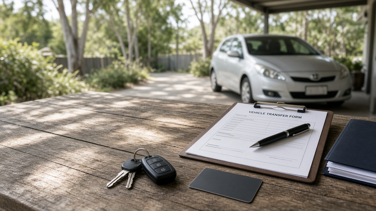 Car keys and a vehicle transfer form on a clipboard, with a used hatchback parked in a Brisbane driveway