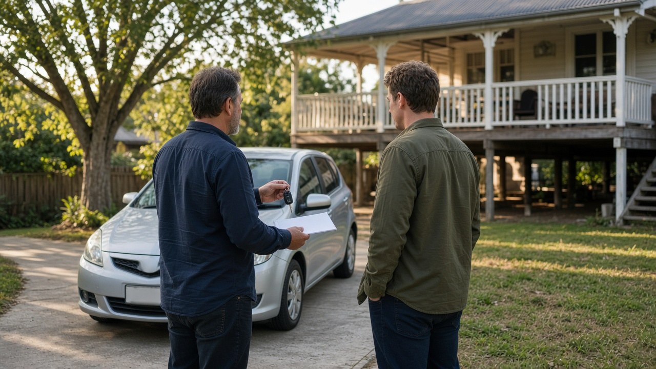 Seller handing car keys and a folded paper form to a buyer beside a silver hatchback in the driveway of a Brisbane suburban home, with a l