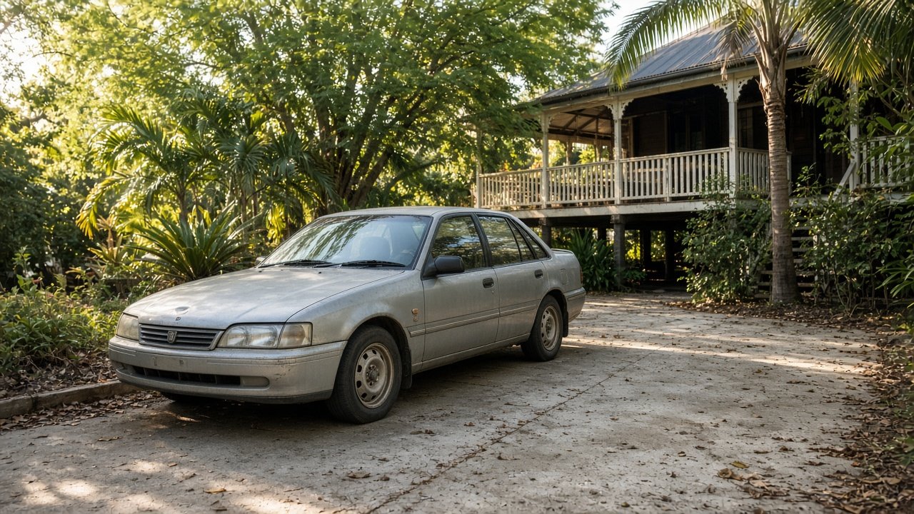 Older high-kilometre silver sedan parked on a concrete driveway in front of a raised Queenslander-style house in a leafy Brisbane suburb