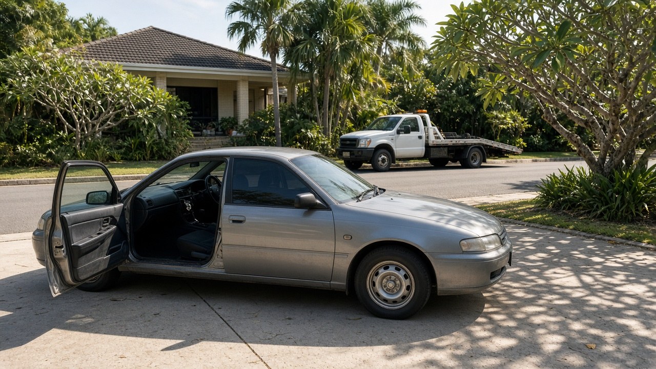 Older silver sedan with its driver's door open on a sunny Brisbane suburban driveway, a white tilt-tray tow truck parked on the street behind and palms and frangipani trees in the
